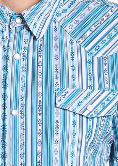 Close up of a light blue and white vertically patterned western long-sleeve shirt.