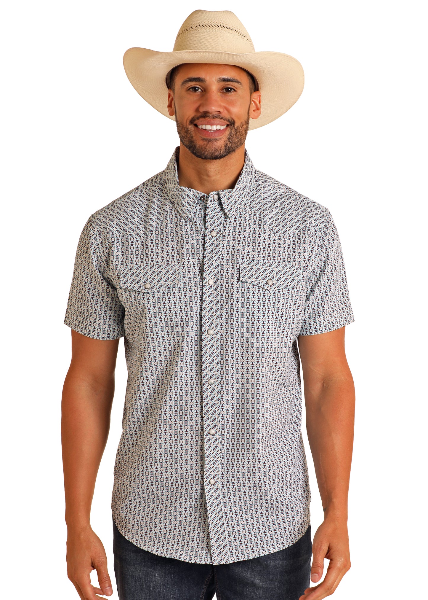 Man wearing a patterned shirt and cowboy hat on a white background