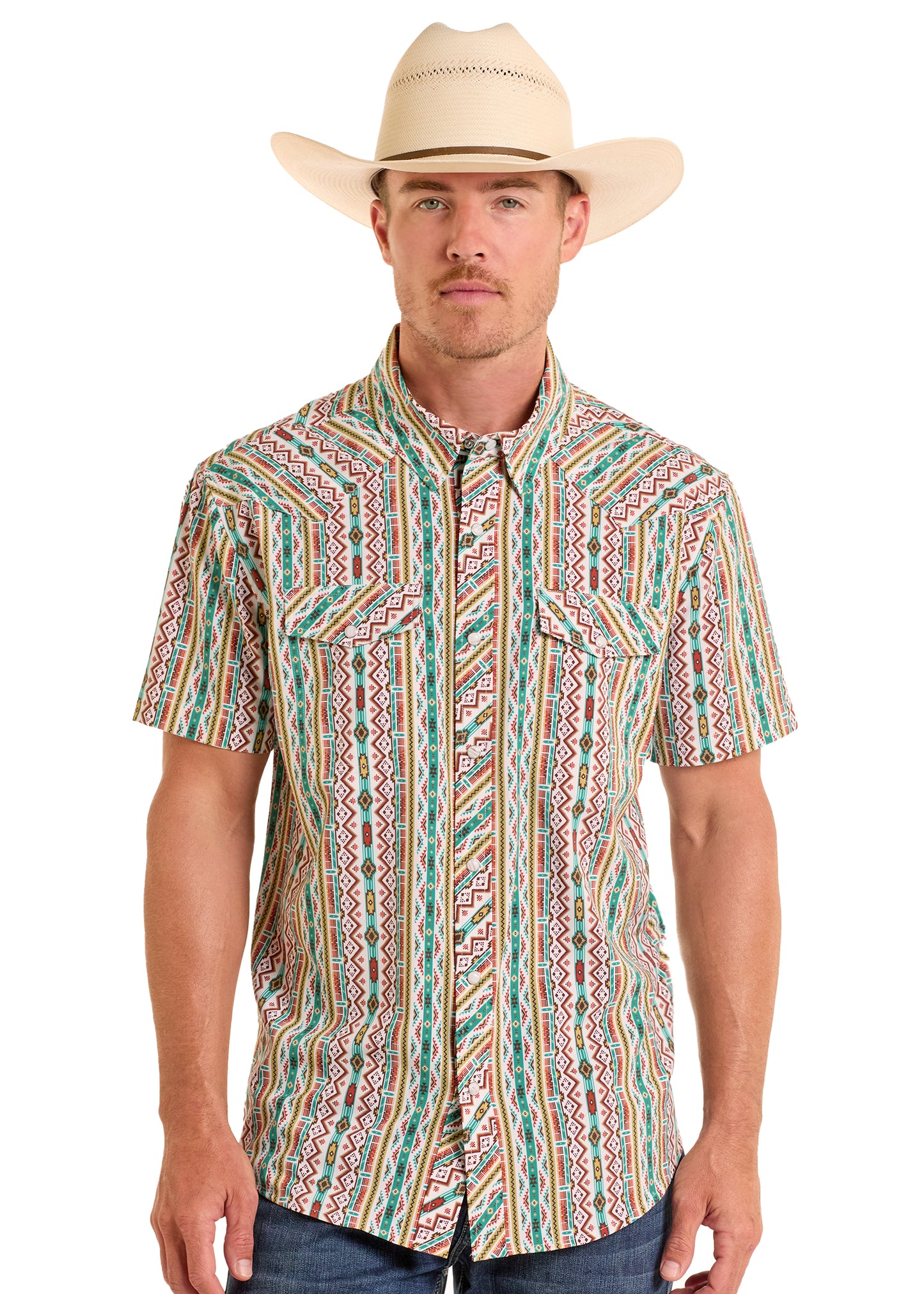 Man wearing a colorful patterned shirt and cowboy hat on a white background