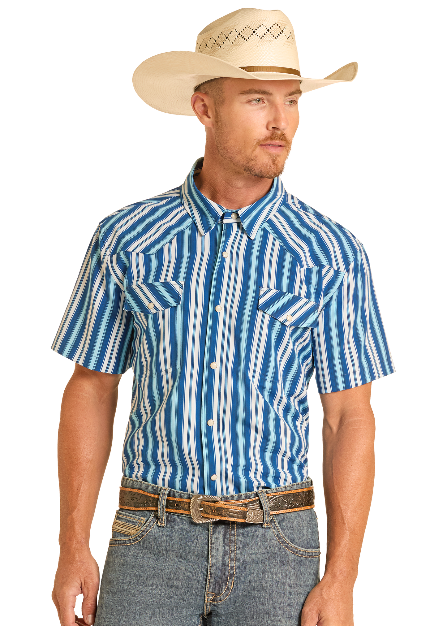 Man wearing a blue and white striped shirt, jeans, and a beige cowboy hat on a white background
