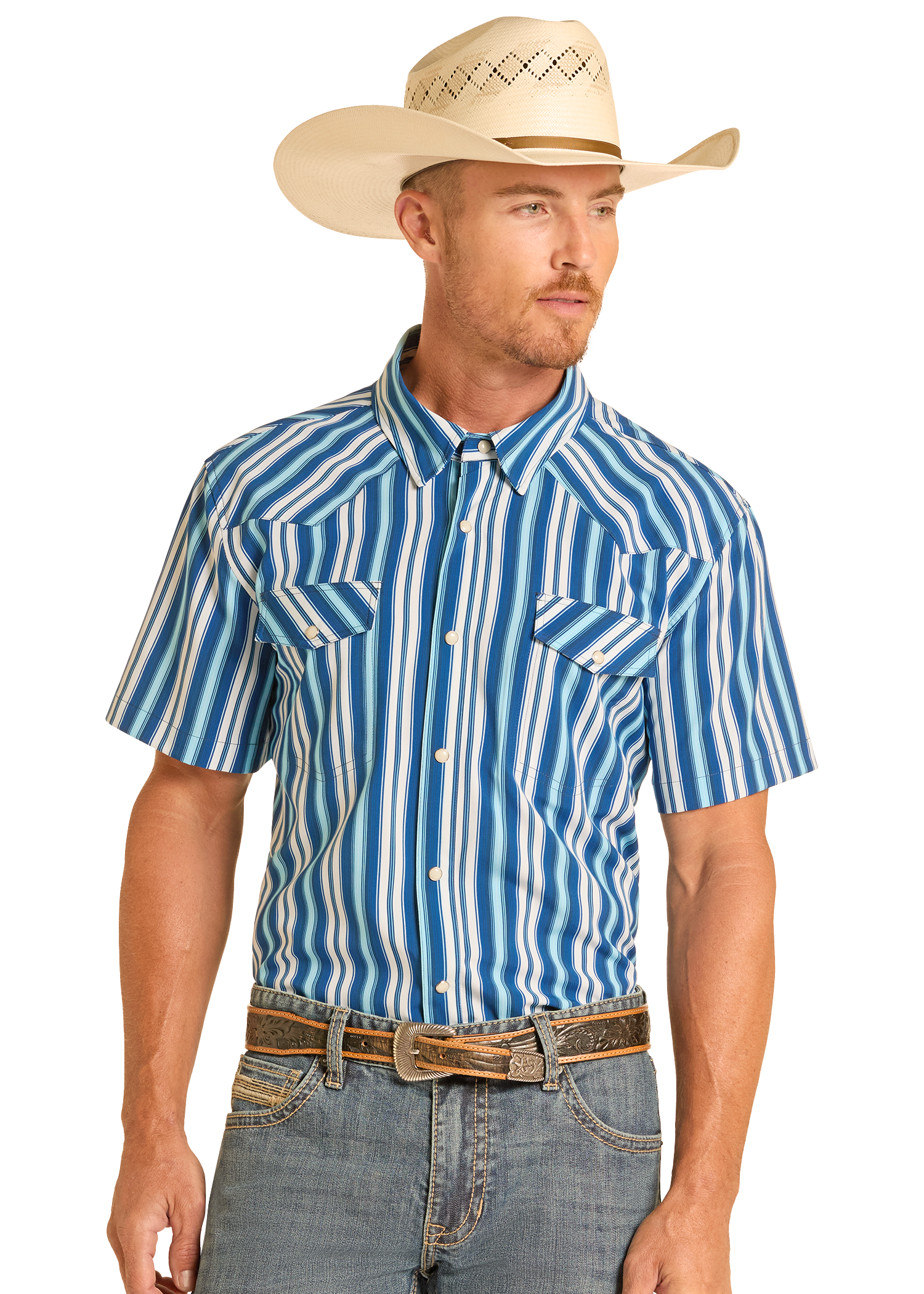 Man wearing a blue and white striped shirt, jeans, and a beige cowboy hat on a white background