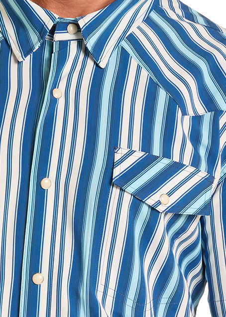 Detail image of Man wearing a blue and white striped shirt on a white background