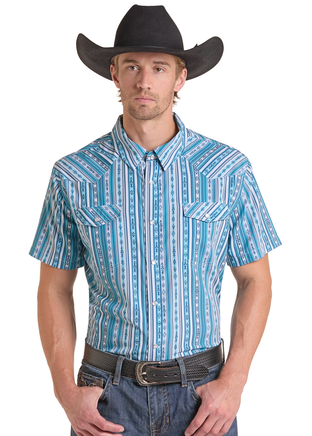 A man wearing a light blue and white vertically striped western short-sleeve shirt with a black cowboy hat, dark jeans, and a black belt, photographed against a plain white background.