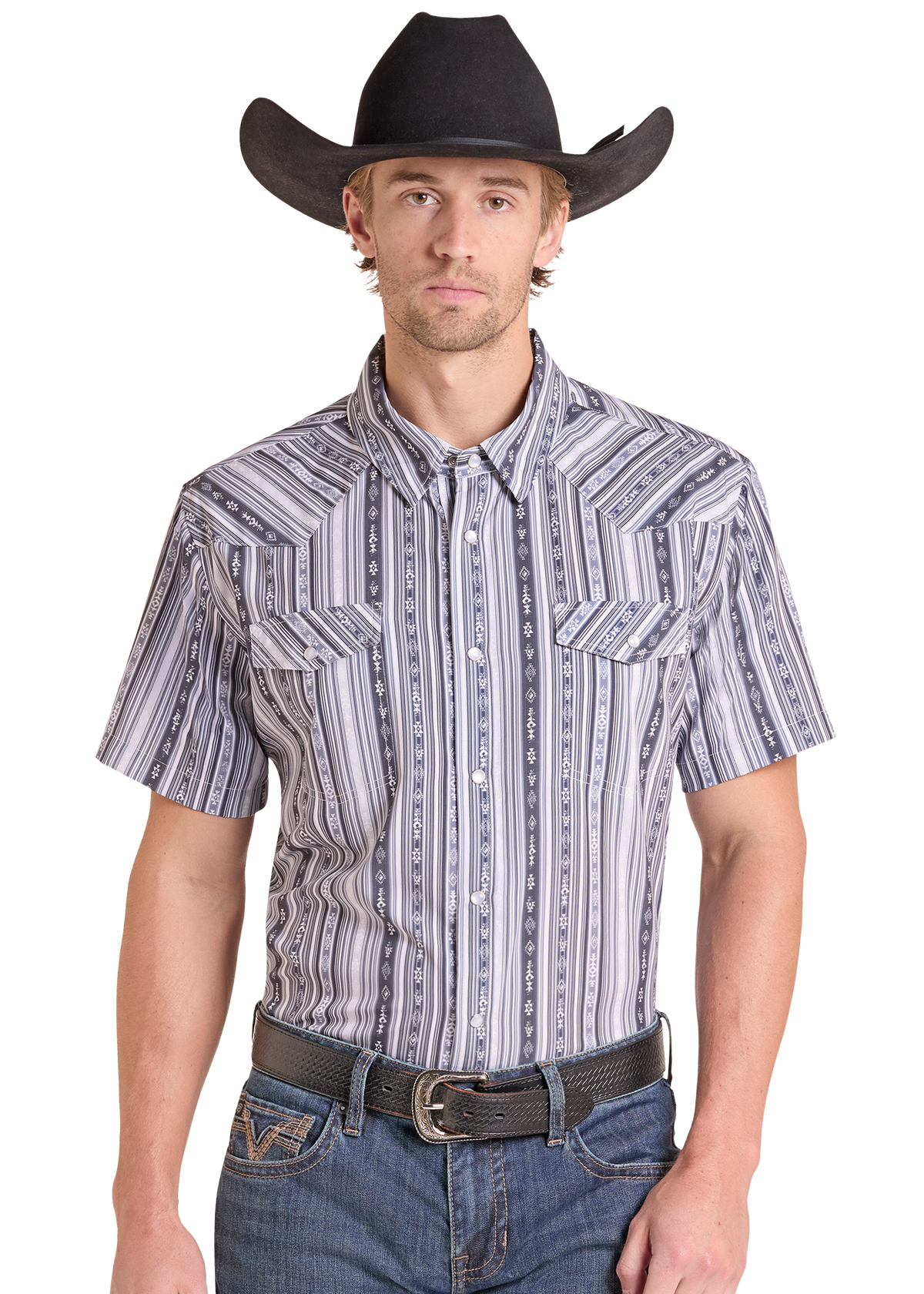A man wearing a short-sleeve western button-down shirt with a blue, gray, and white vertical stripe pattern, paired with a black cowboy hat, black belt, and blue jeans, photographed against a solid white background.