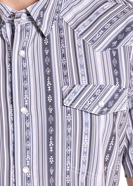 Close up of a short-sleeve western button-down shirt with a blue, gray, and white vertical stripe pattern.