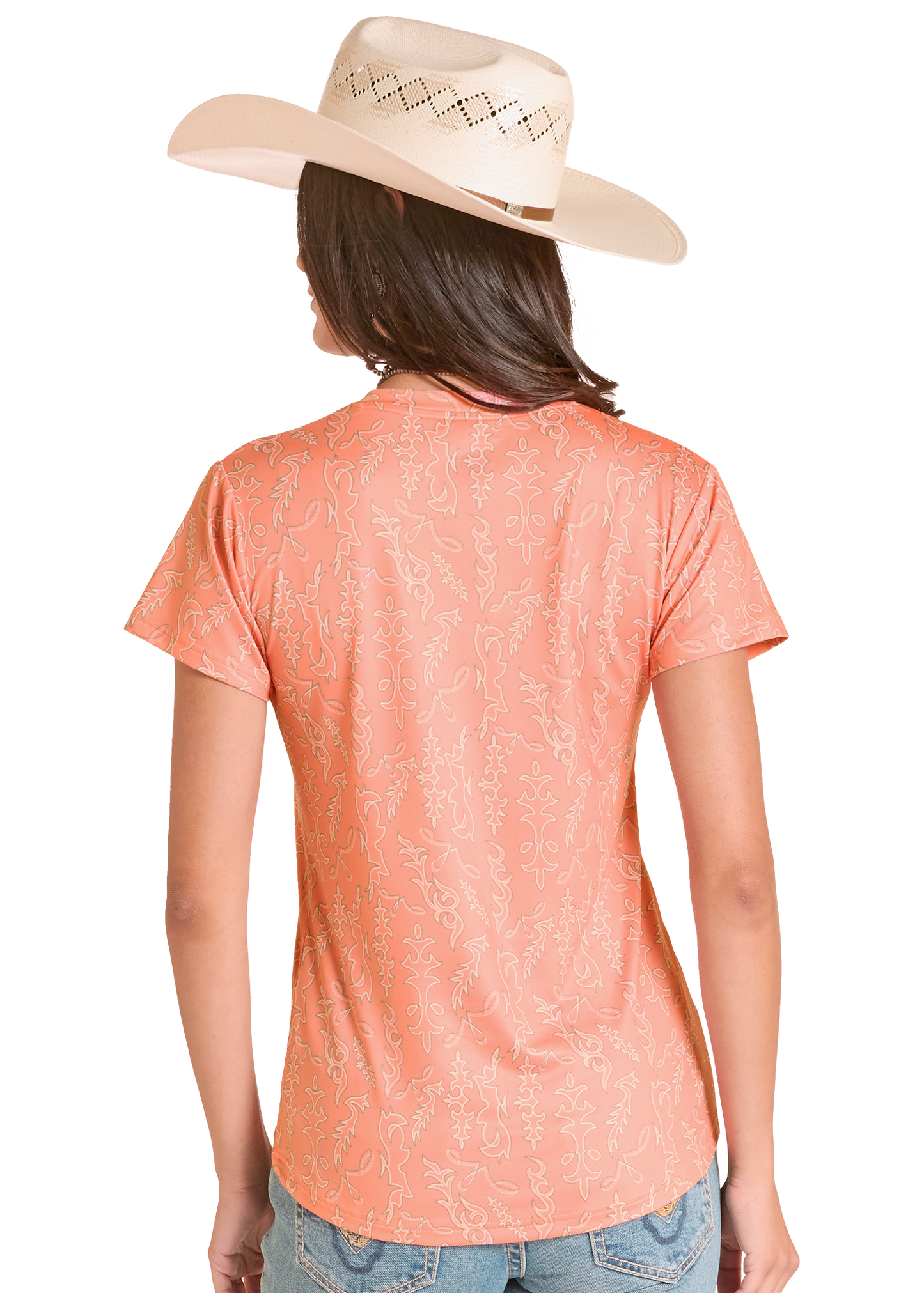 Person wearing a peach-colored patterned shirt and a beige cowboy hat on a white background