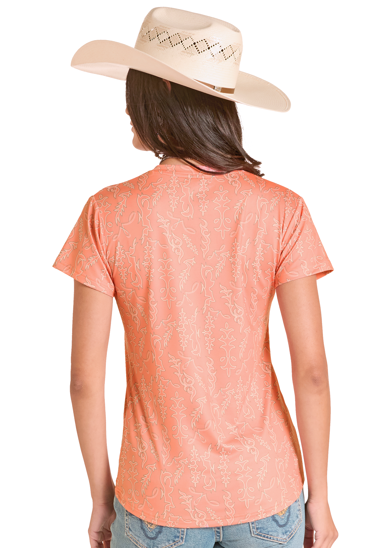Person wearing a peach-colored patterned shirt and a beige cowboy hat on a white background