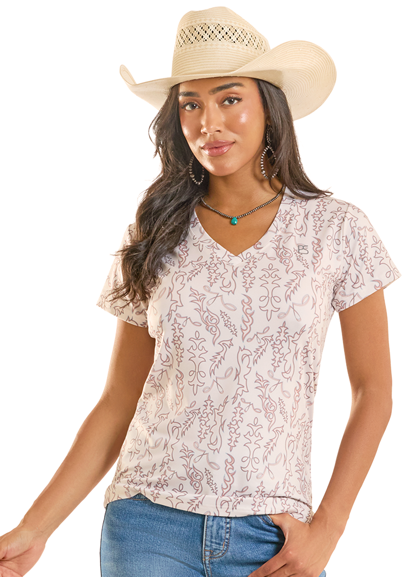 Woman wearing a patterned shirt, jeans, and a cowboy hat on a white background