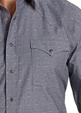 A dark gray long-sleeve western-style button-down shirt with a subtle micro-dot pattern.