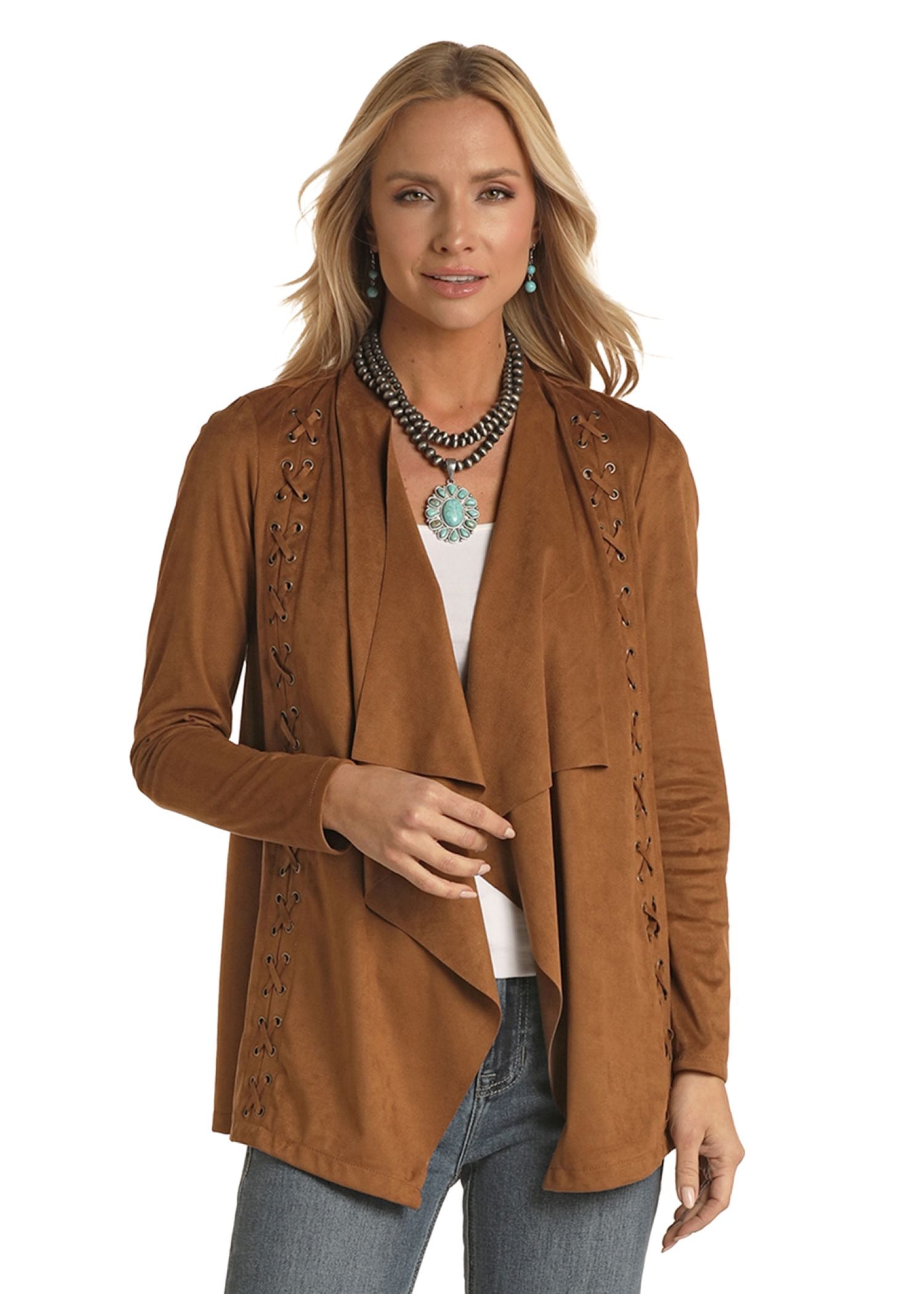 Woman wearing a brown cardigan with decorative elements on a white background