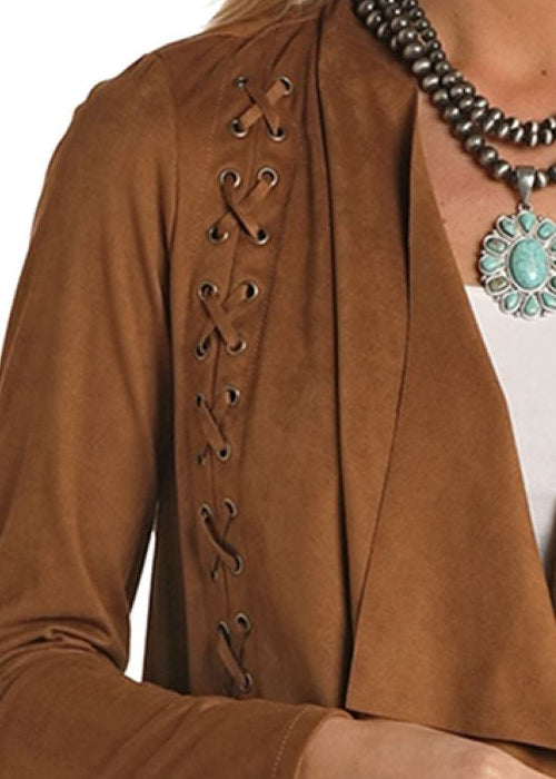 Woman wearing a brown cardigan with decorative elements on a white background