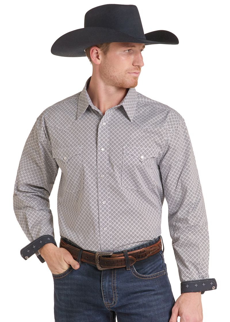 A man wearing a gray and white patterned long-sleeve western shirt, a black cowboy hat, and blue jeans, shown against a plain white background.