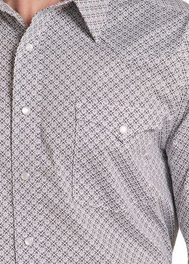 Close up of a micro pattern Western pearl snap shirt.