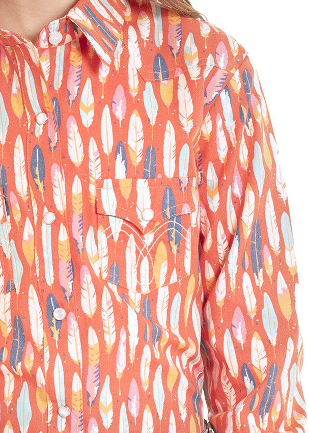 Close up of a colorful feather printed girls pearl snap shirt