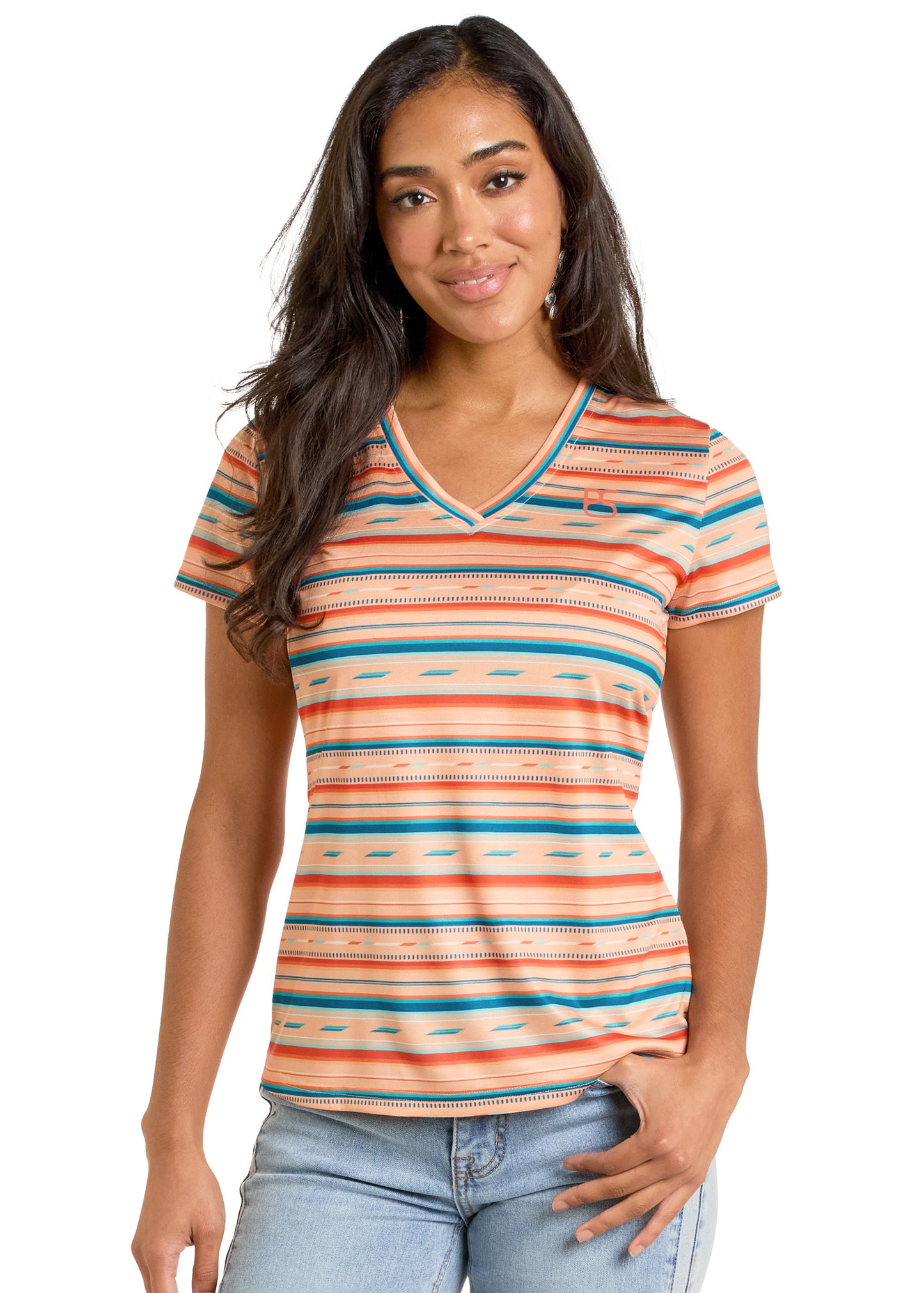 Woman wearing a colorful striped shirt on a white background