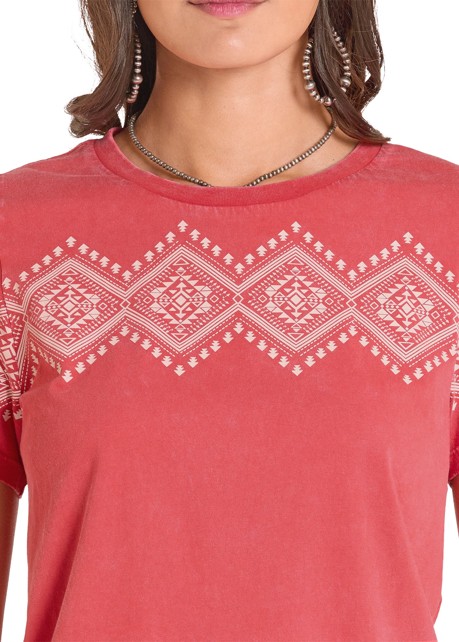 Red shirt with white geometric pattern on a white background
