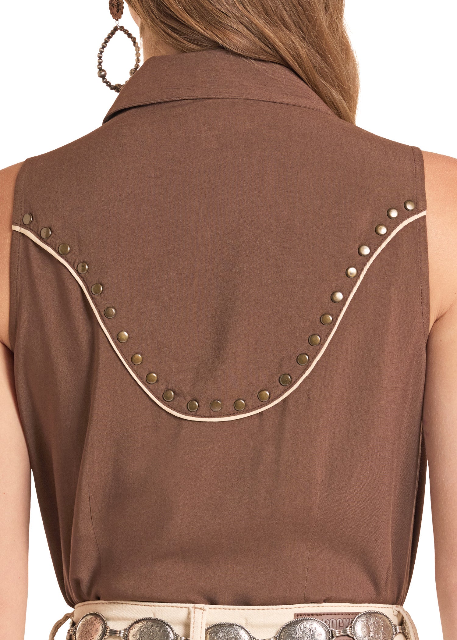 Brown vest with studded details on a white background
