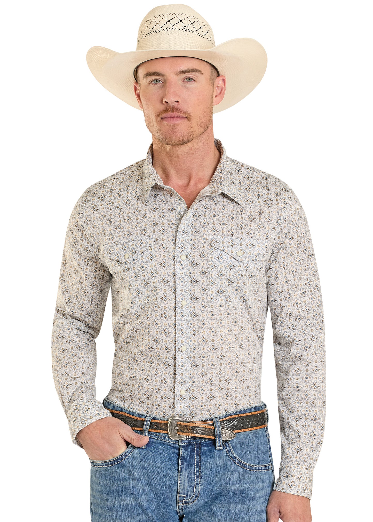 Man wearing a patterned long-sleeve shirt, jeans, and a straw hat on a white background