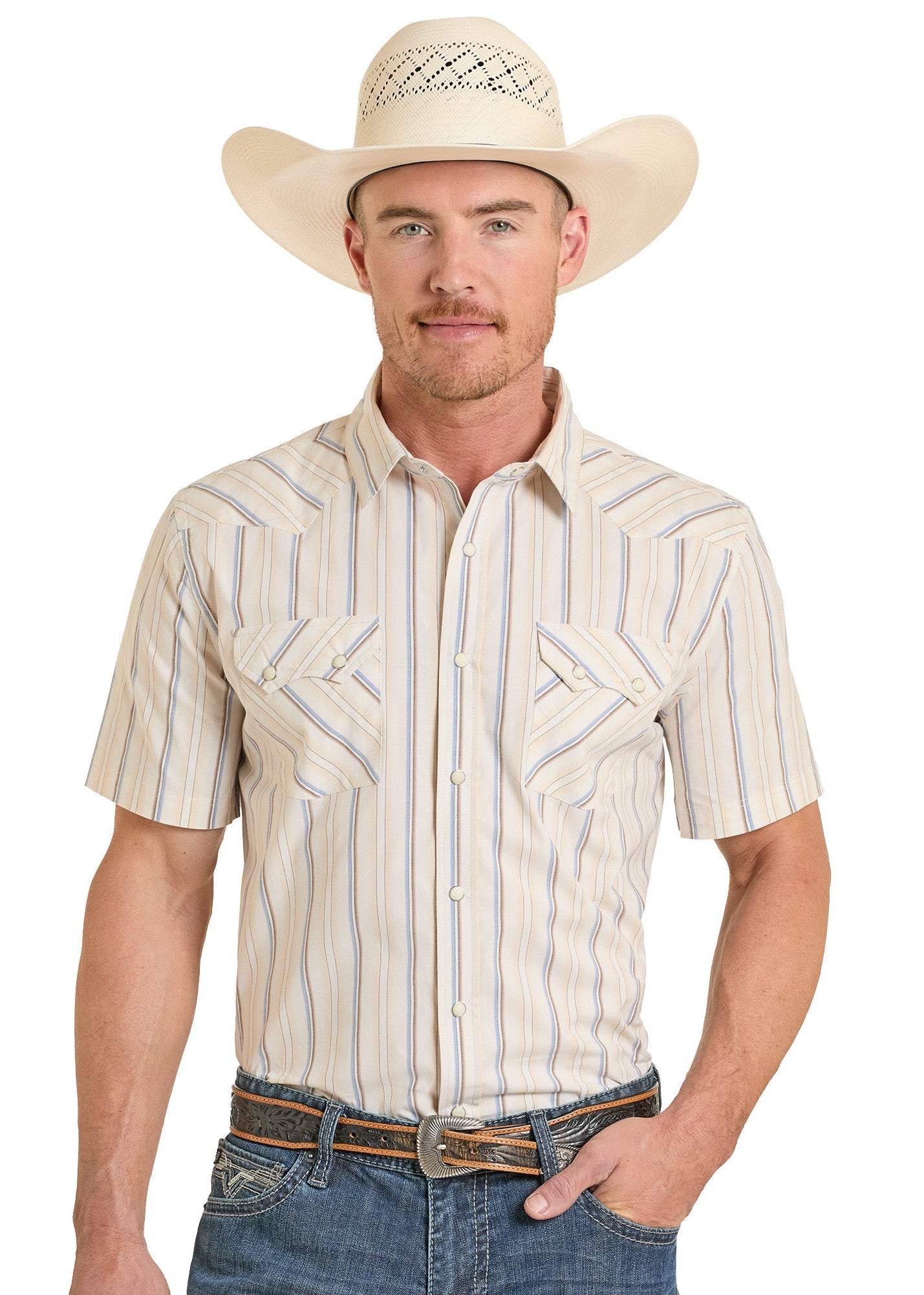 Man wearing a striped shirt, cowboy hat, and jeans on a white background