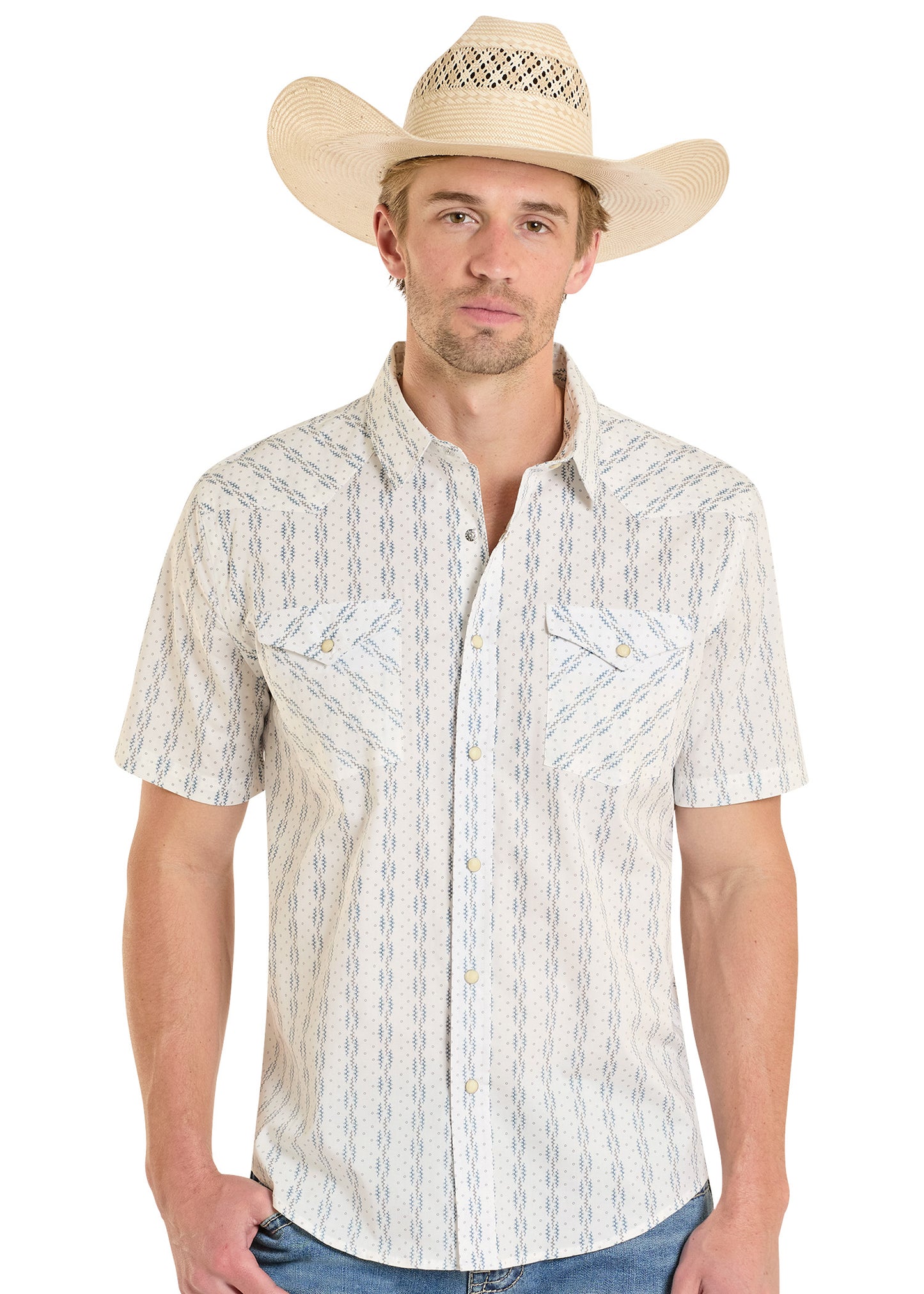Man wearing a patterned white shirt and beige cowboy hat on a white background
