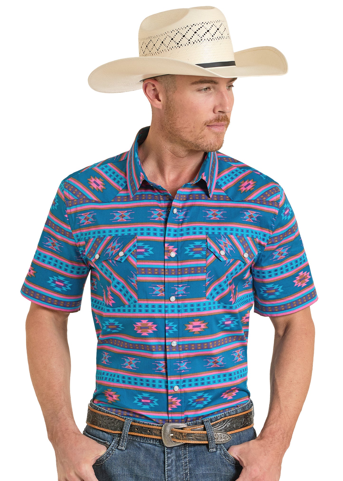 Man wearing a colorful patterned shirt and cowboy hat on a white background