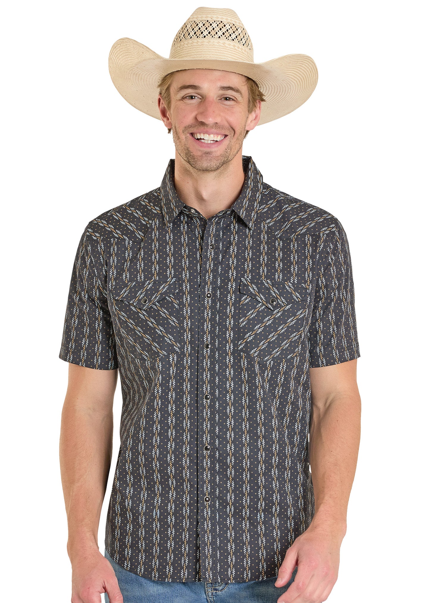 Man wearing a patterned shirt and cowboy hat on a white background
