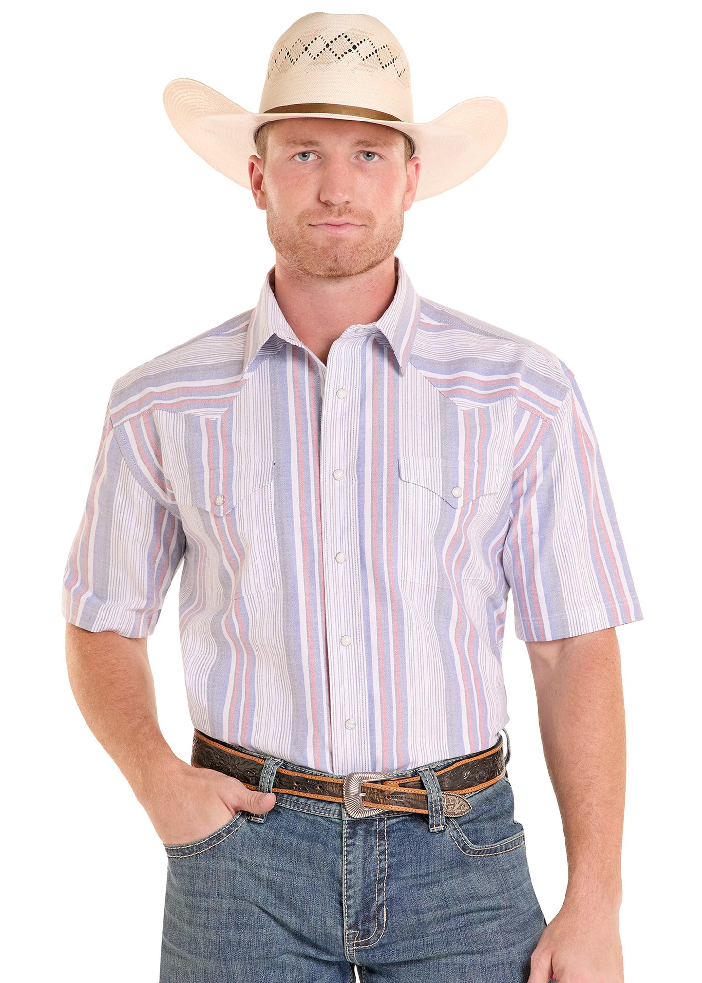 Man wearing a striped shirt, jeans, and a cowboy hat on a white background