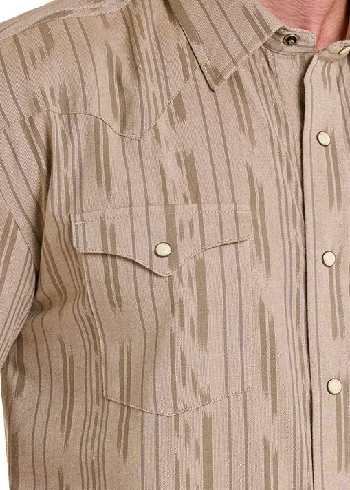 Close up of a men's pearl snap shirt.