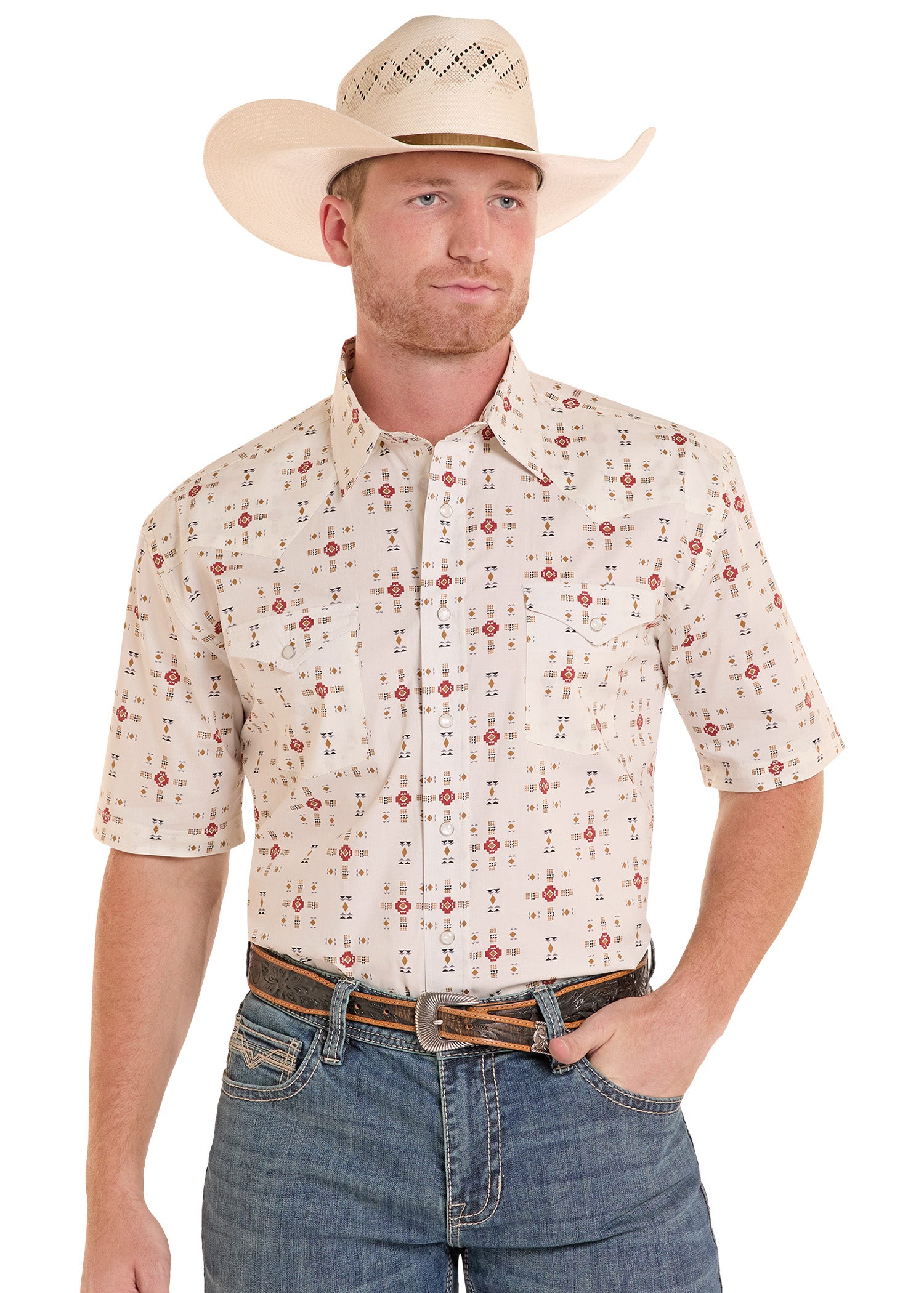 Man wearing a patterned shirt, jeans, and a cowboy hat on a white background