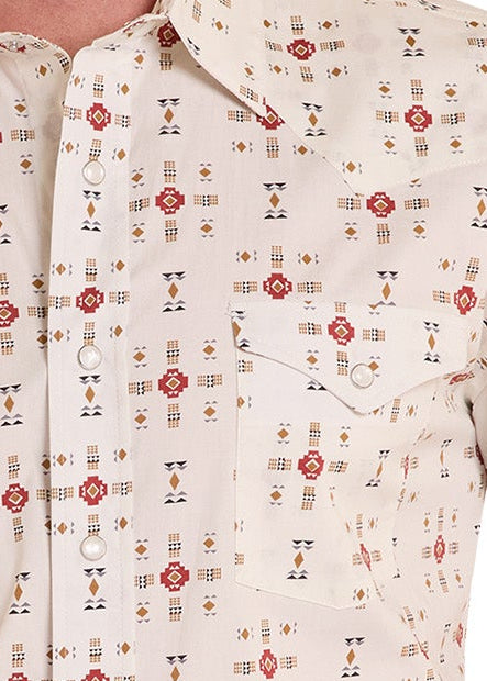 Close up of a patterned pearl snap shirt