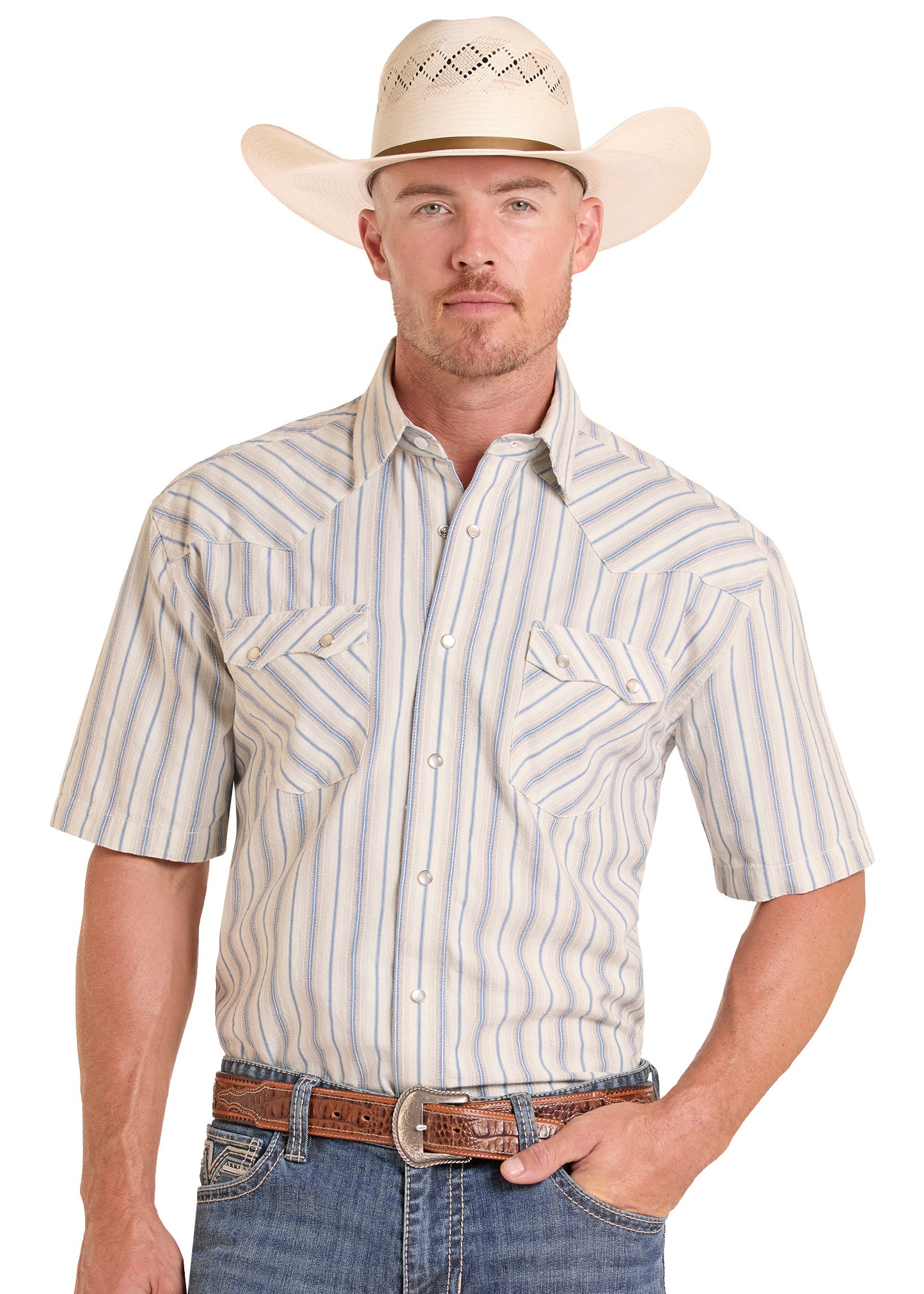 Man wearing a striped shirt, cowboy hat, and jeans on a white background