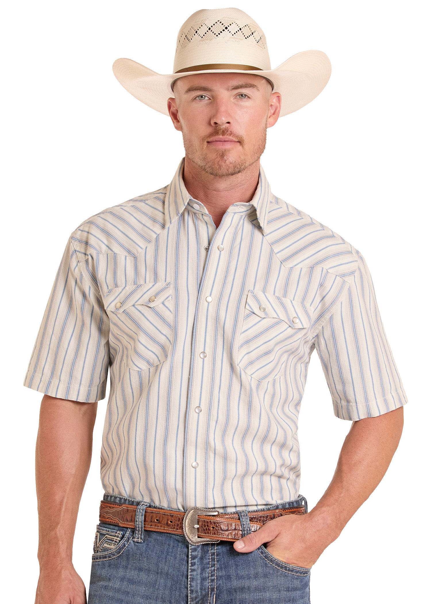Man wearing a striped shirt, cowboy hat, and jeans on a white background