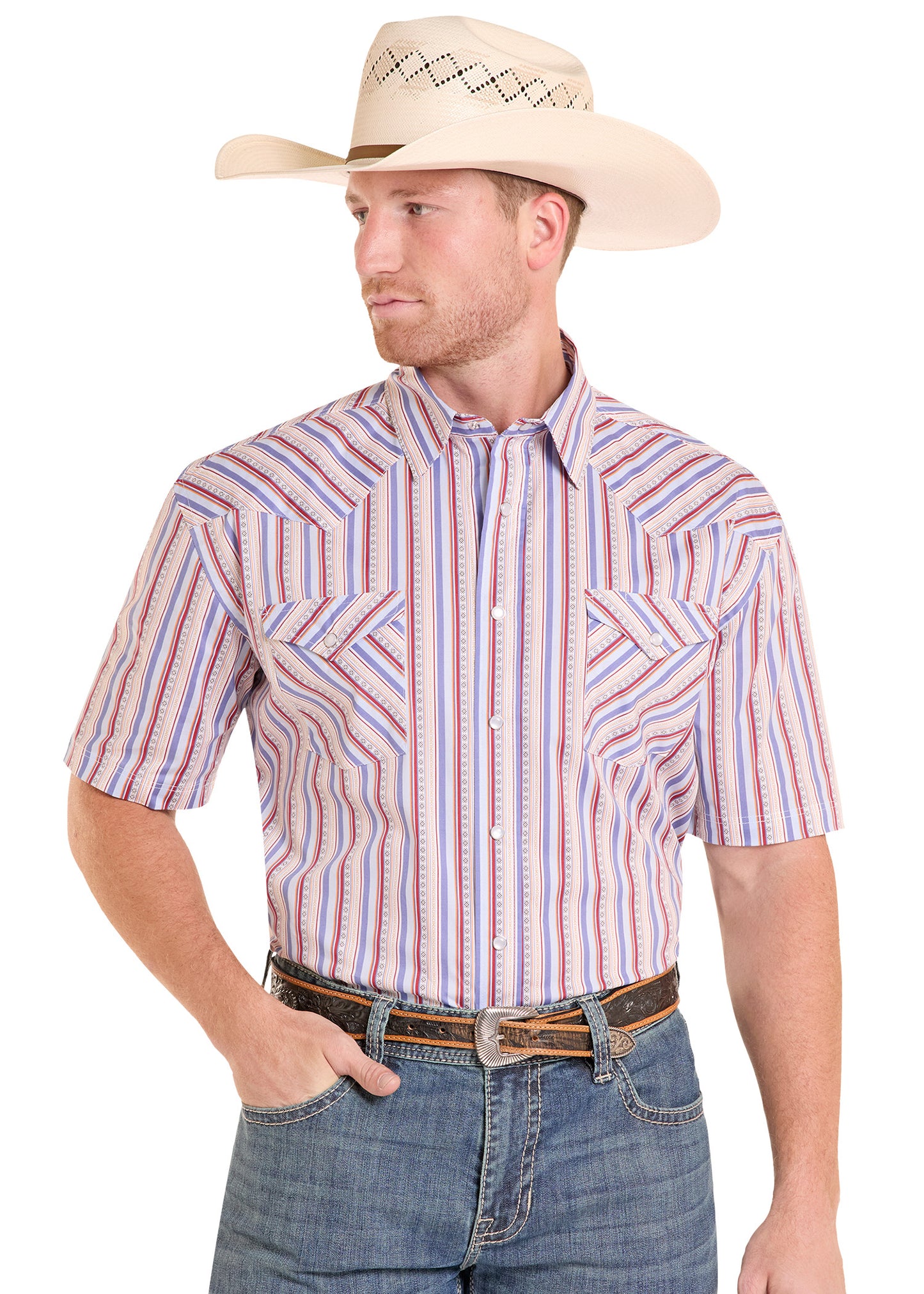 Man wearing a striped shirt, cowboy hat, and jeans on a white background