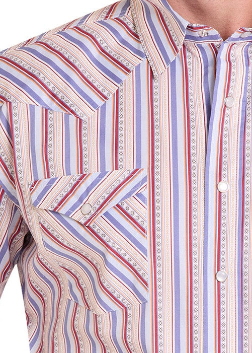 Close up of a men's pearl snap shirt. 