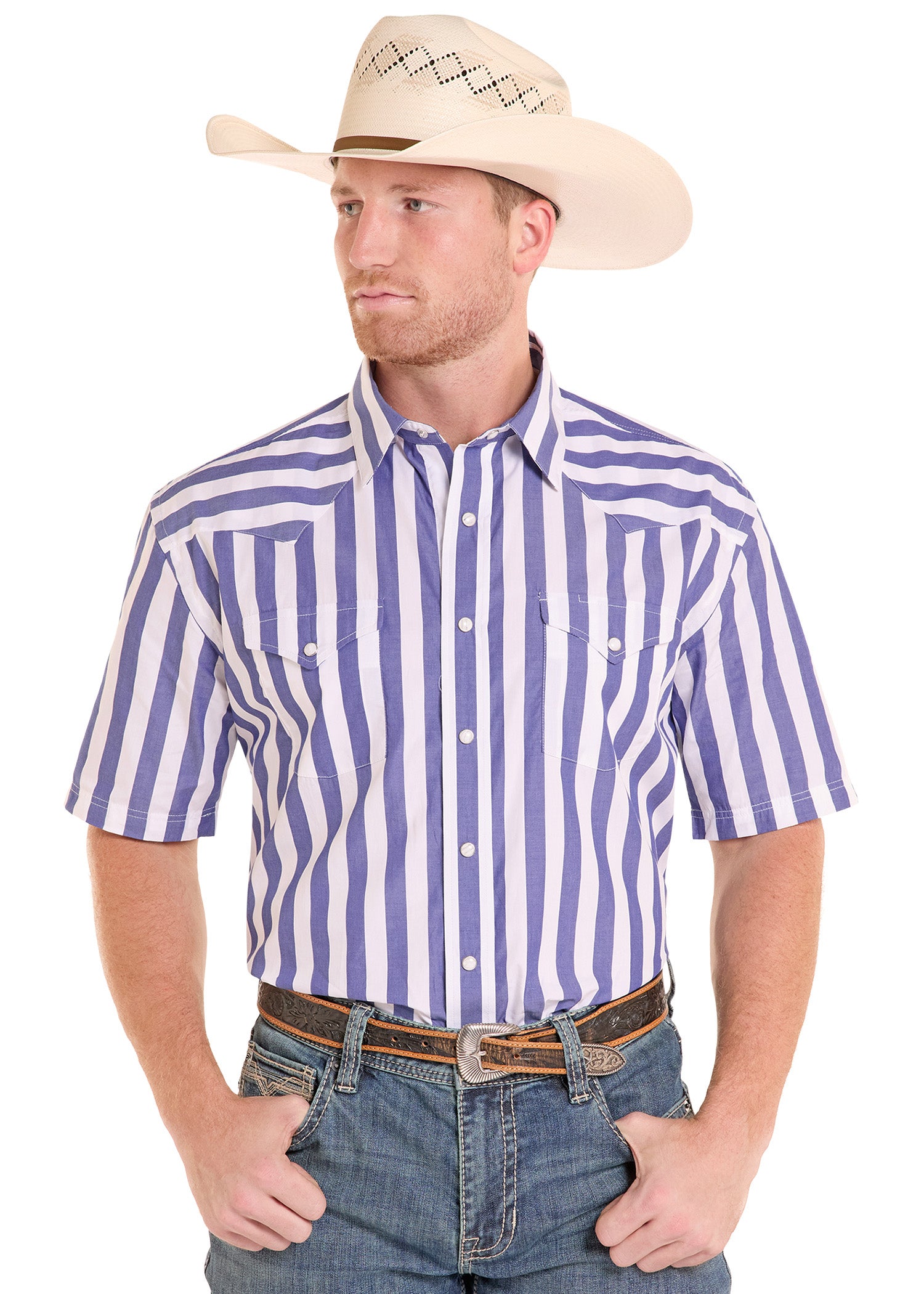 Men's Modern Vintage Awning Stripe Short Sleeve Snap Shirt