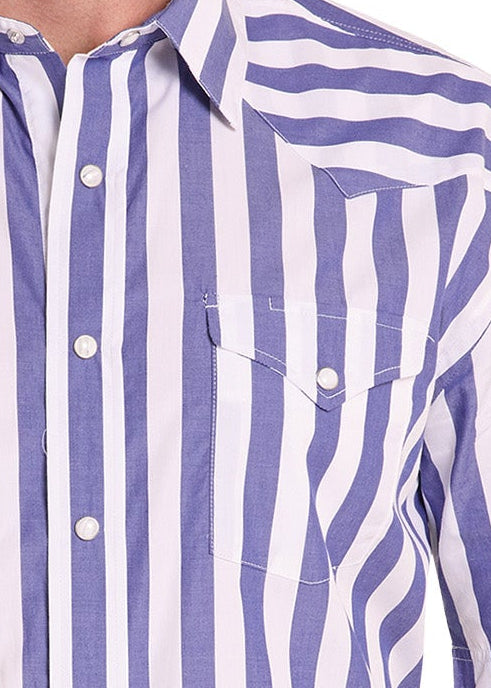 Detail image of a striped pearl snap shirt. 