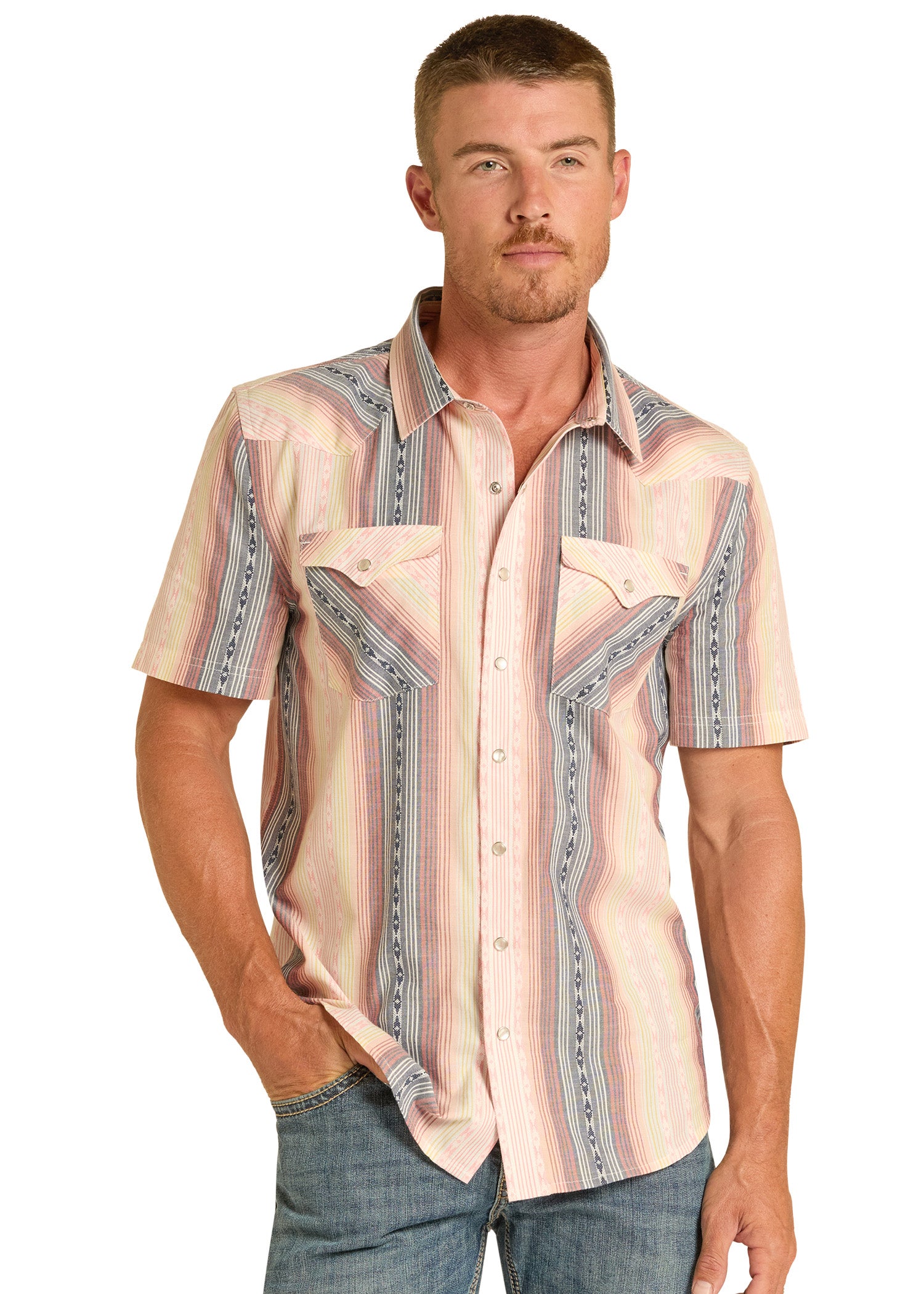 Men's Modern Vintage Dobby Stripe Short Sleeve Snap Shirt