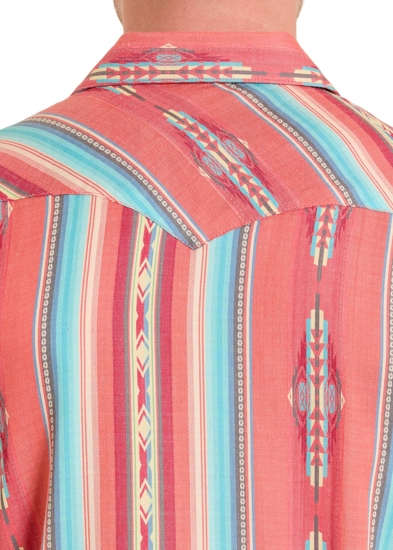 Close-up of a colorful patterned shirt with a collar.