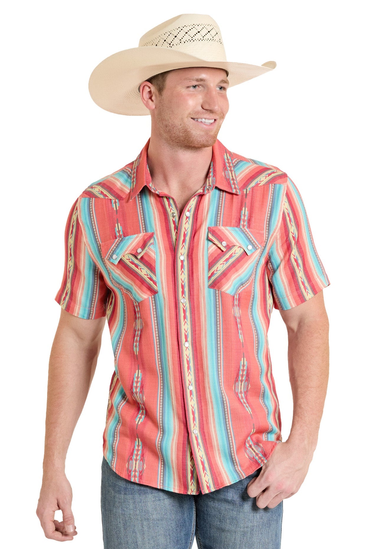 Man wearing a colorful striped shirt and cowboy hat on a white background