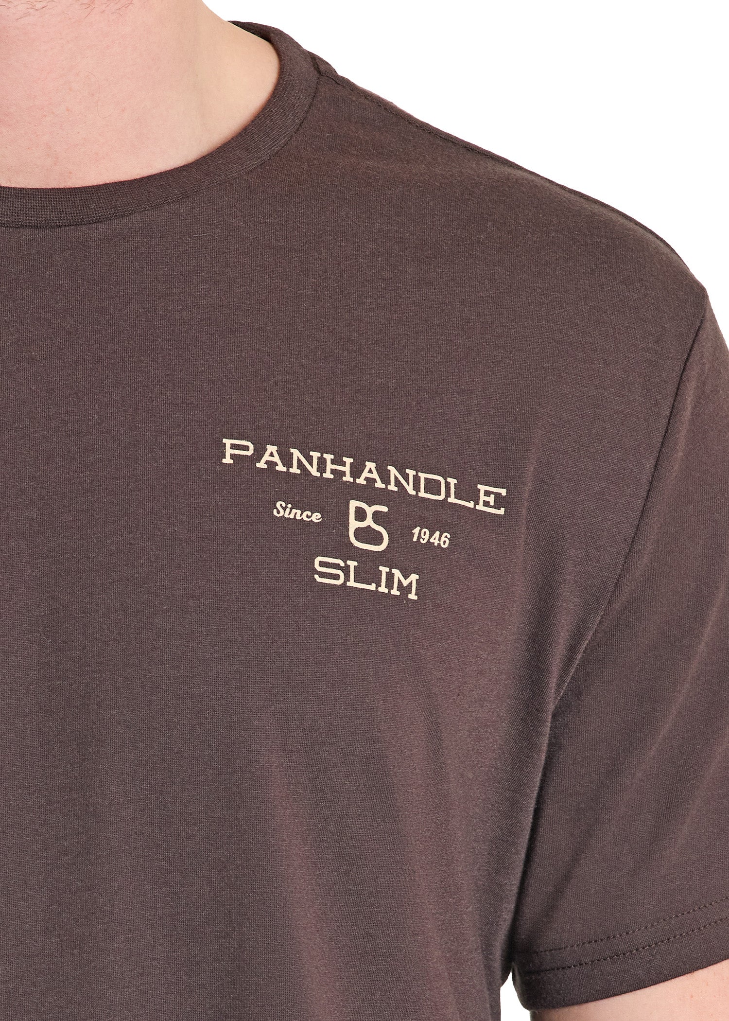 Brown t-shirt with 'Panhandle' logo and text on a white background