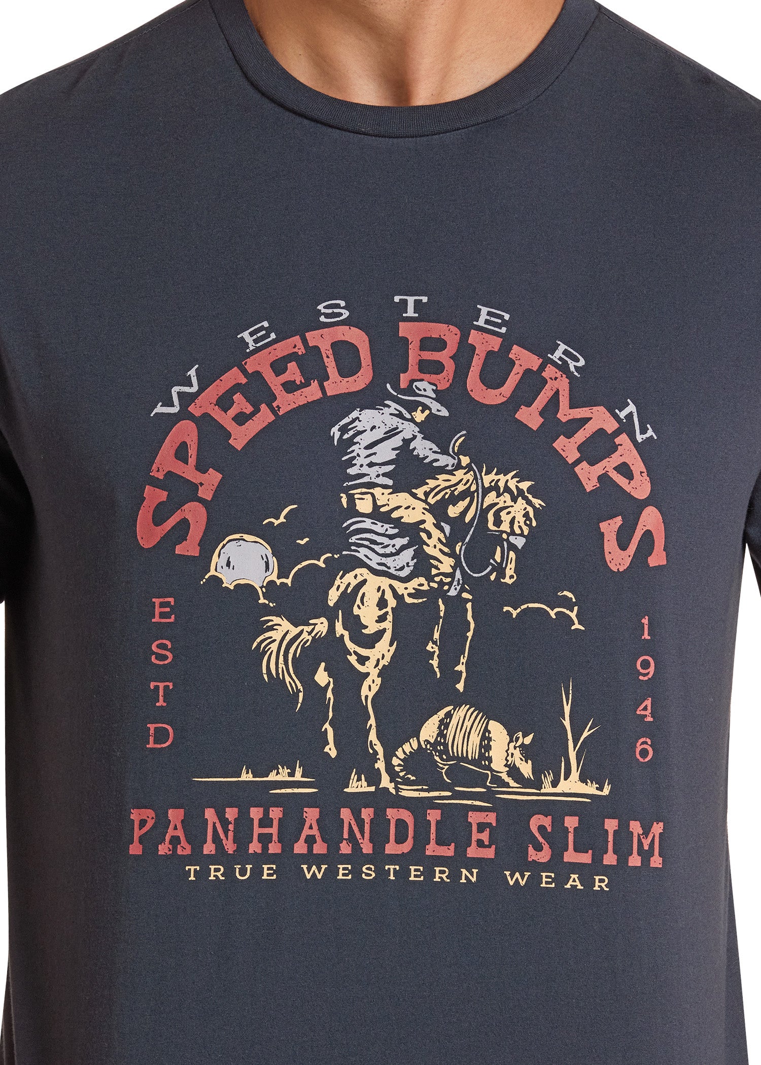 Black t-shirt with 'Speed Bumps Panhandle Slim' graphic design on a plain back