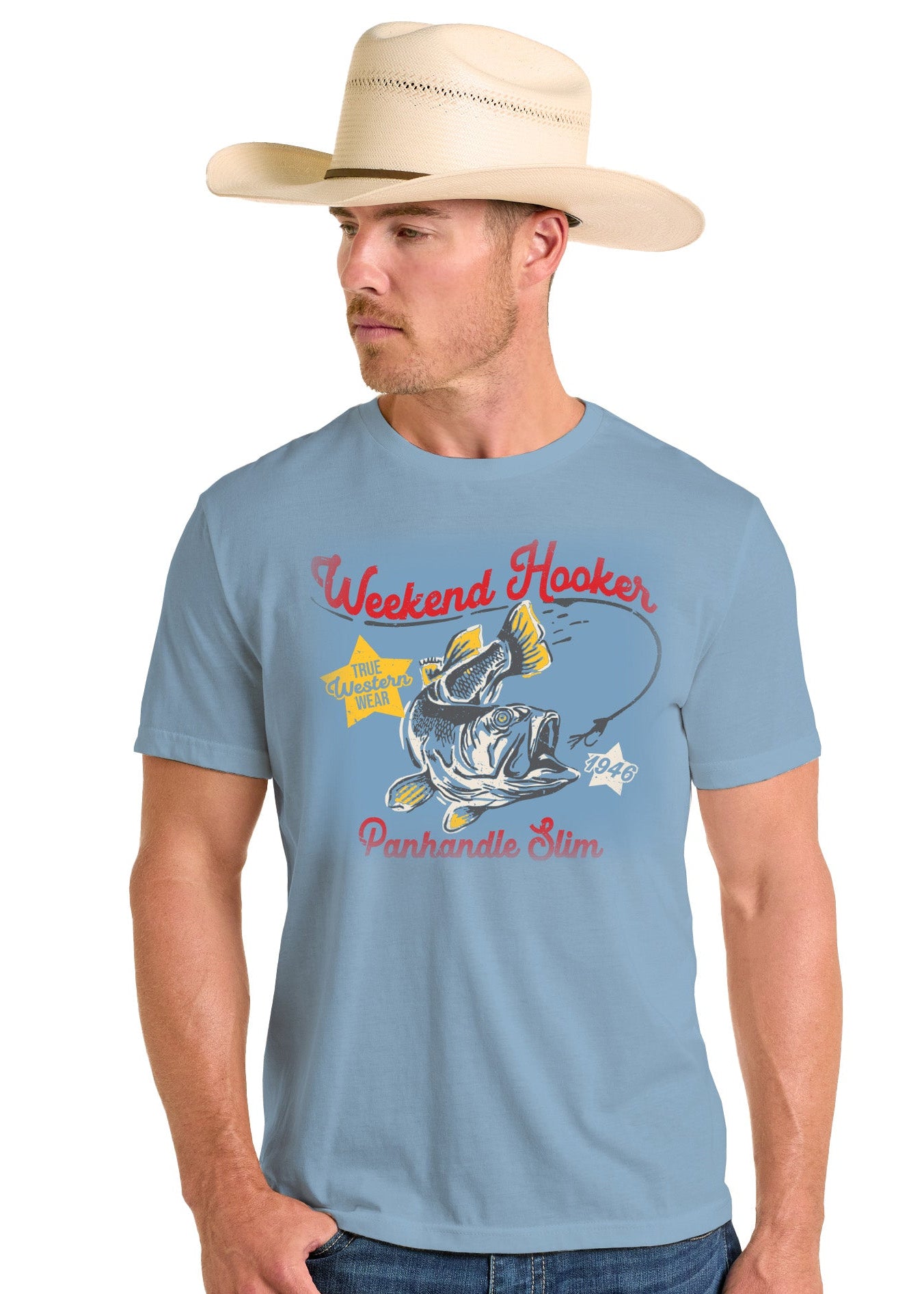 Man wearing a blue t-shirt with a graphic design and cowboy hat on a white background