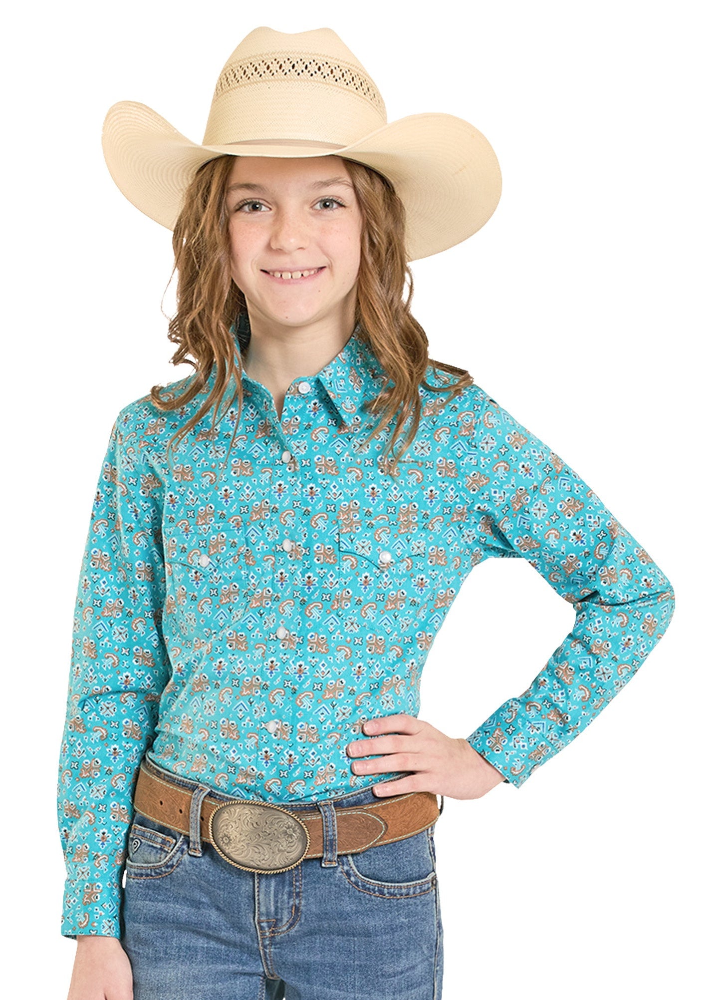 Child wearing a turquoise patterned shirt, blue jeans, and a beige cowboy hat on a white background
