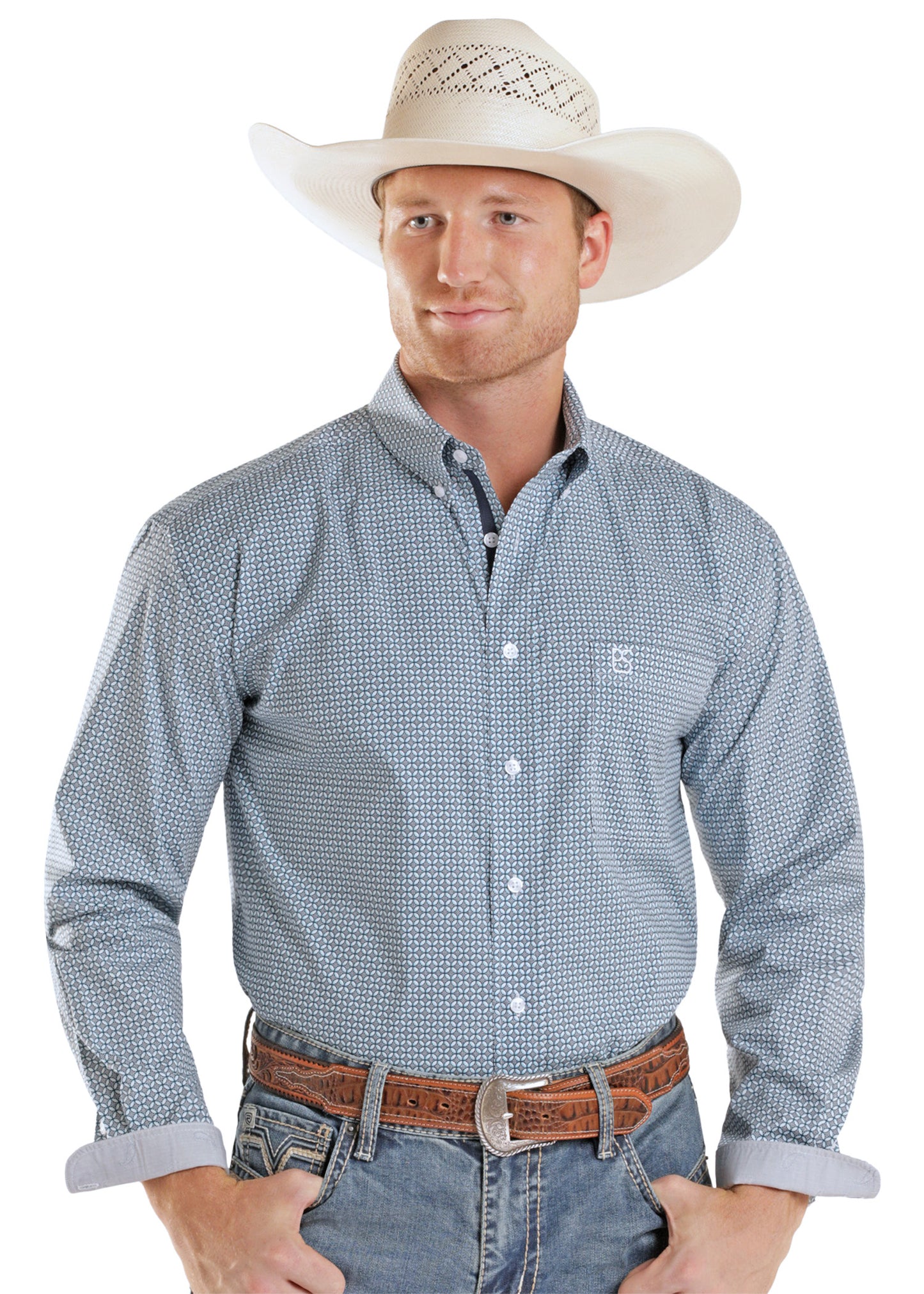 Man wearing a blue checkered shirt, white cowboy hat, and jeans on a white background
