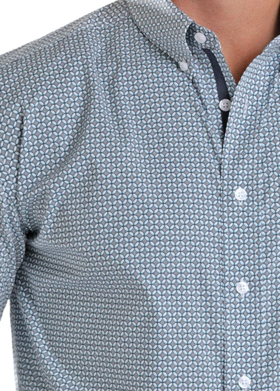 Man wearing a blue checkered shirt, white cowboy hat, and jeans on a white background