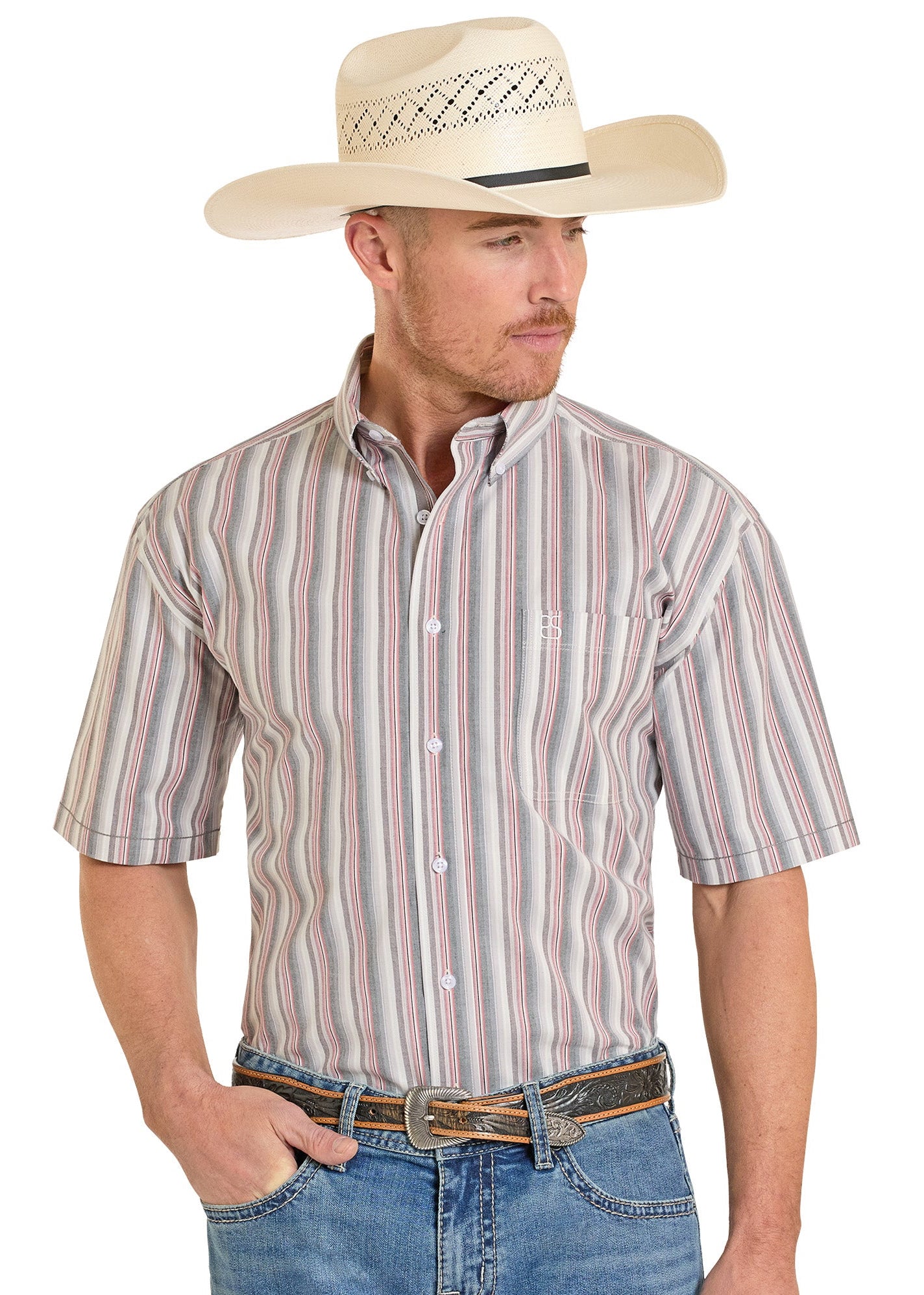 Man wearing a striped shirt, jeans, and a cowboy hat on a white background