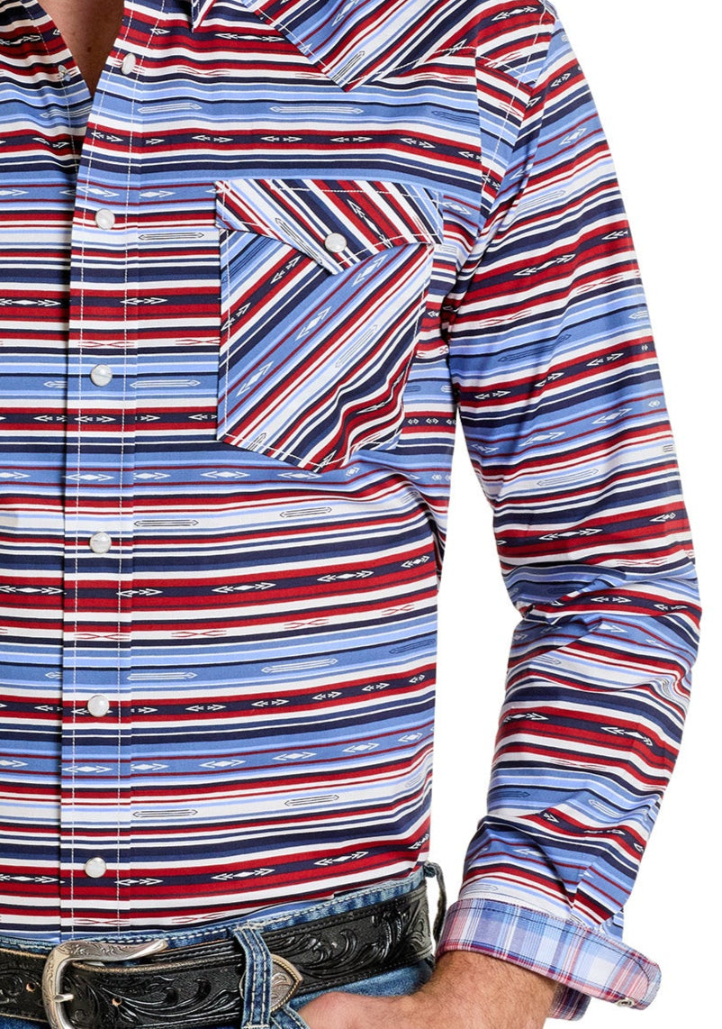 Men's Rough Stock Red, White & Blue Long Sleeve Snap Shirt