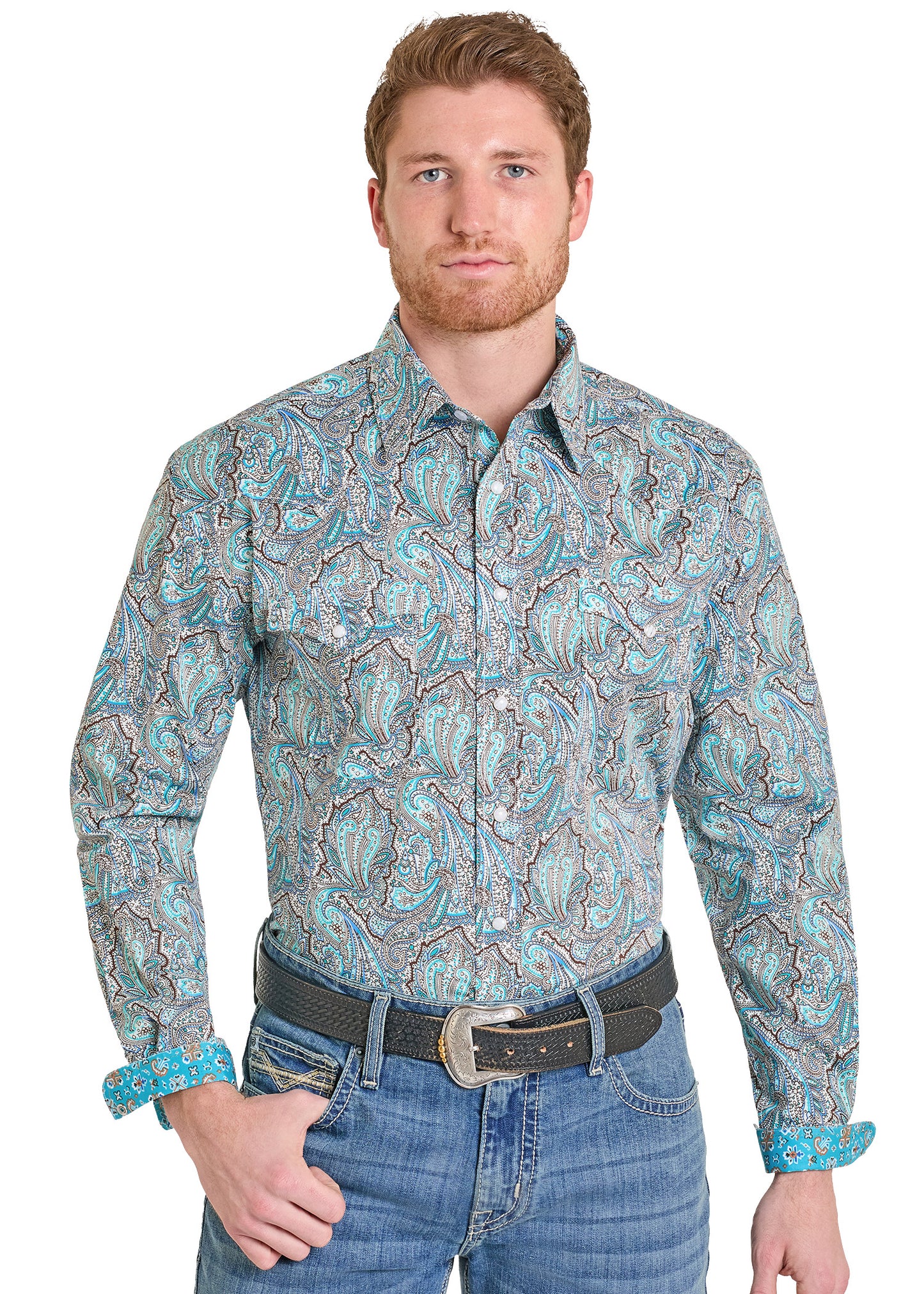 Man wearing a turquoise paisley print western snap shirt. 