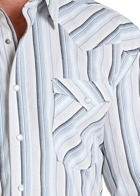 Man wearing a light blue and white striped shirt with rolled-up sleeves on a white background