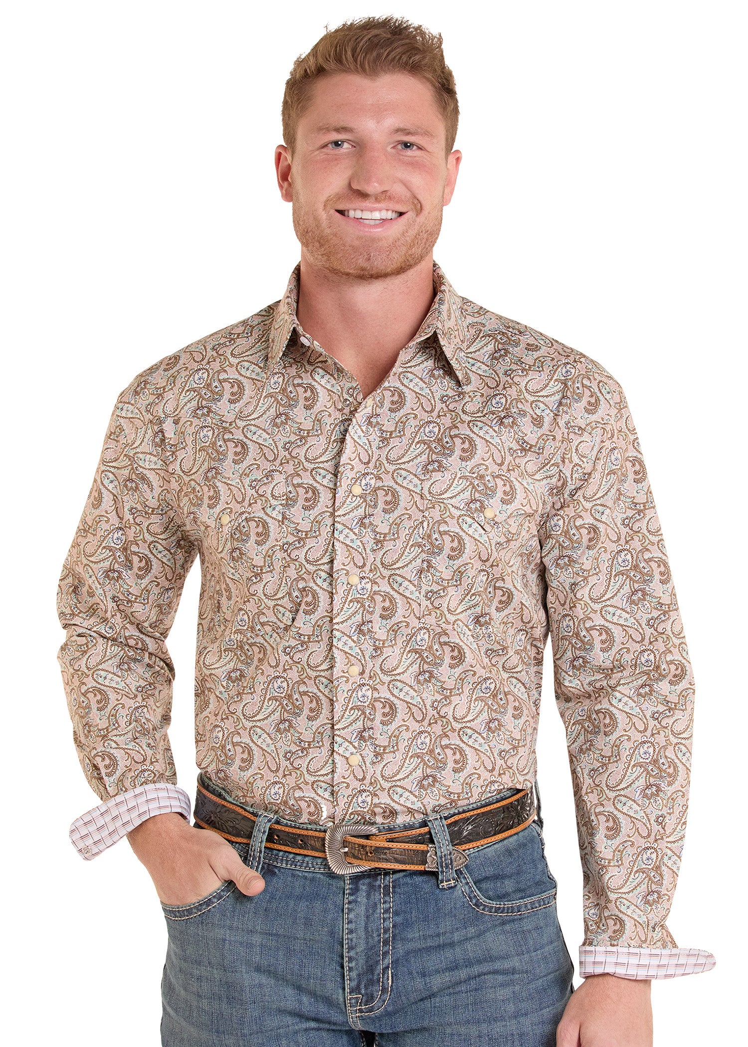 Man wearing a patterned shirt and jeans on a white background